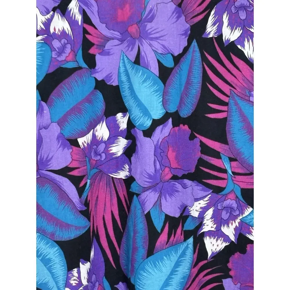 Y2K Caribou Button Up Hawaiian Womens Blue Purple Black Size 12 Cotton Blend